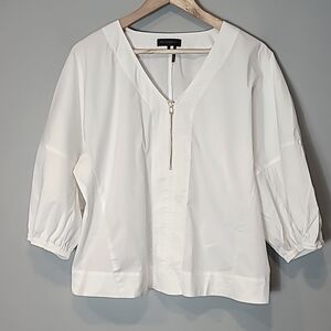 Donna Karan White V-Neck Zip Front Blouse